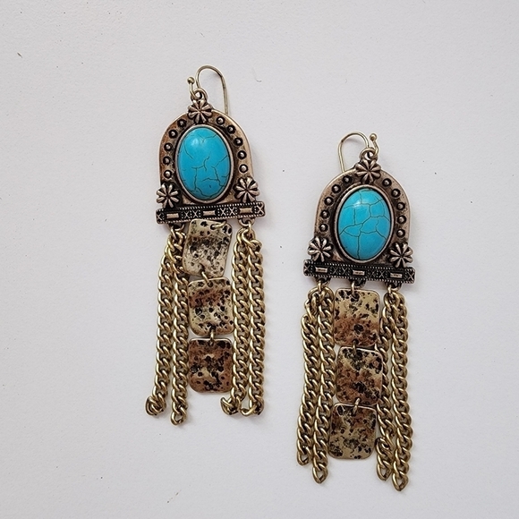 NWT Turquoise Gd Burnished Bohemian Western Chain Dangle Earrings - Picture 1 of 8
